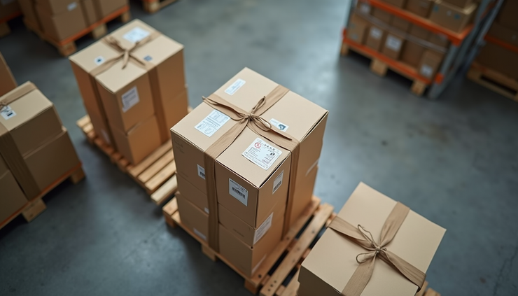 High angle view of warehouse with pallets equipped with tracking devices