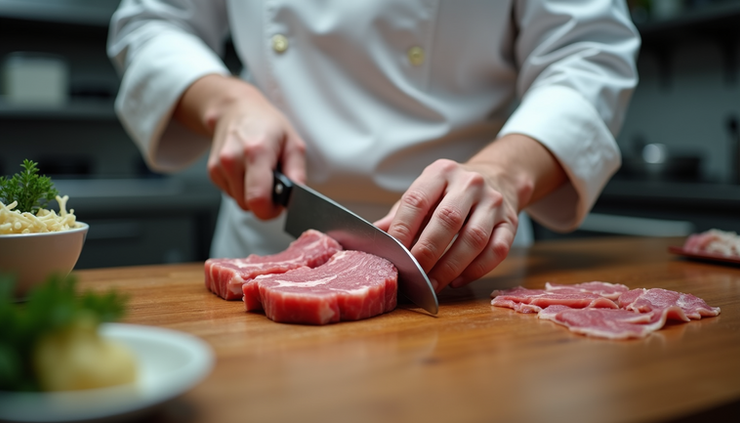 Eye-level view of a chef preparing kosher French meat in a professional kitchen
