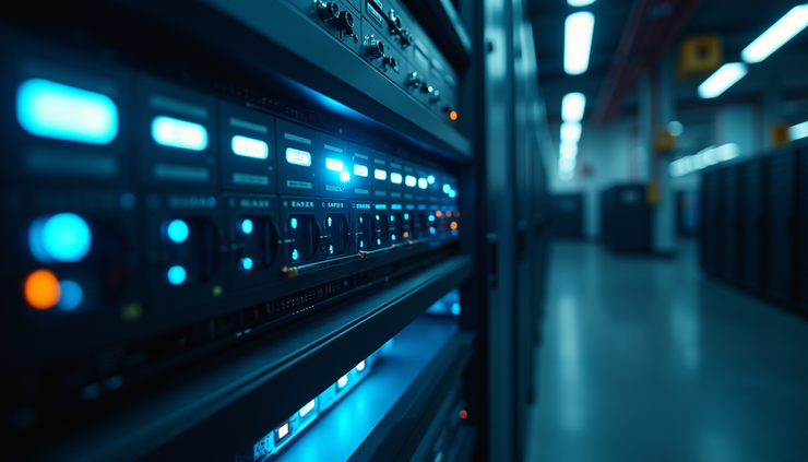 Close-up view of a secure server room with glowing network cables