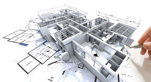Image showing 2d drawings of a building being made into 3D