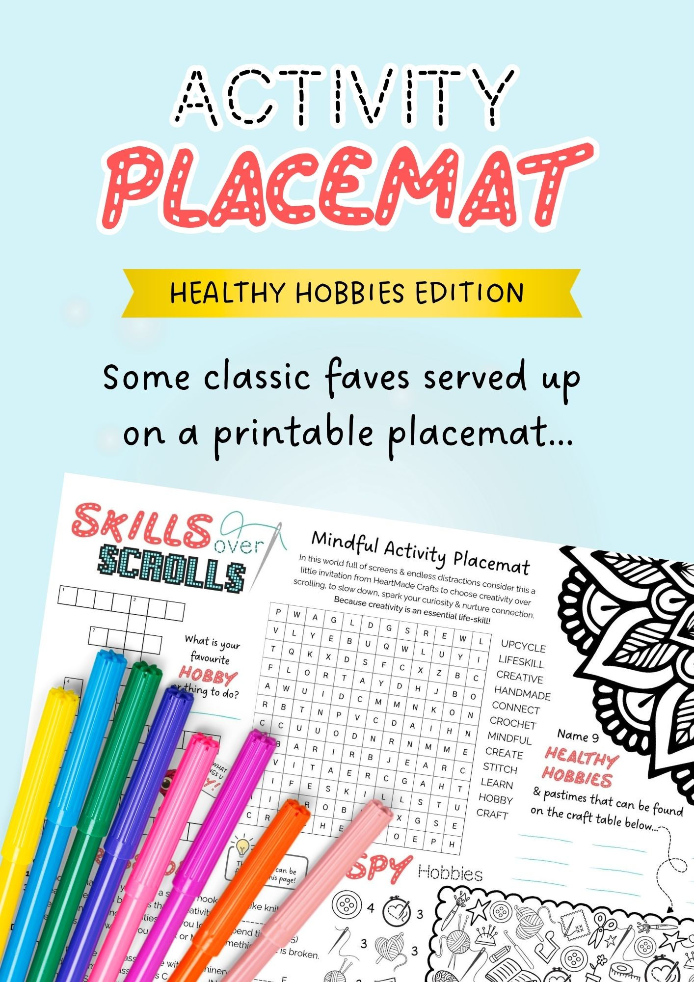 Printable activity placemat with I Spy, crossword, word find and colouring, from Heartmade Crafts