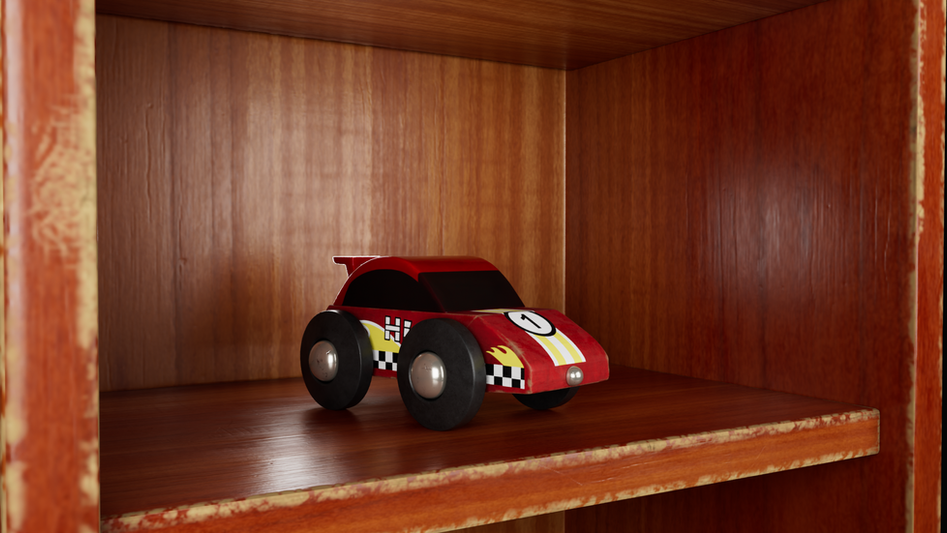 The red toy car is in a wood shelf