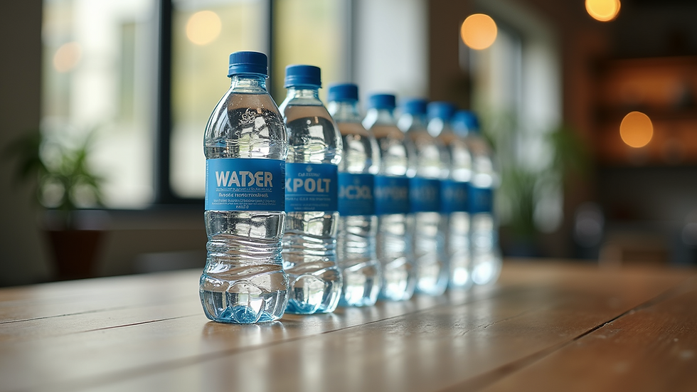 Eye-level view of branded water bottles lined up on a wooden table