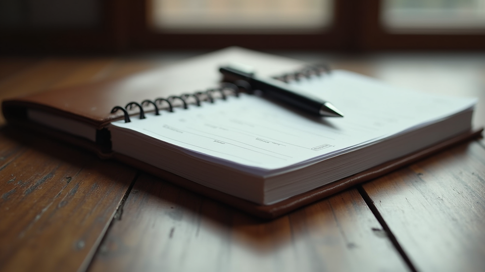 Eye-level view of a branded leather notebook with a pen on a desk