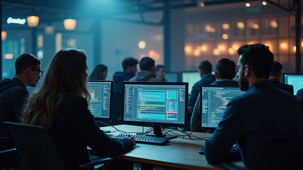 Close-up view of a group of programmers discussing open source software