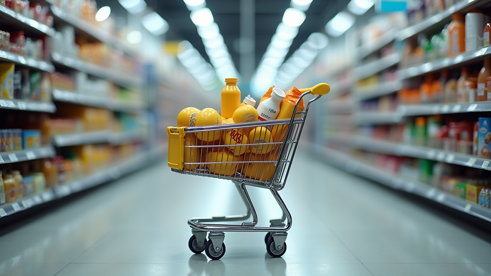 Wide angle view of a modern shopping cart filled with various products