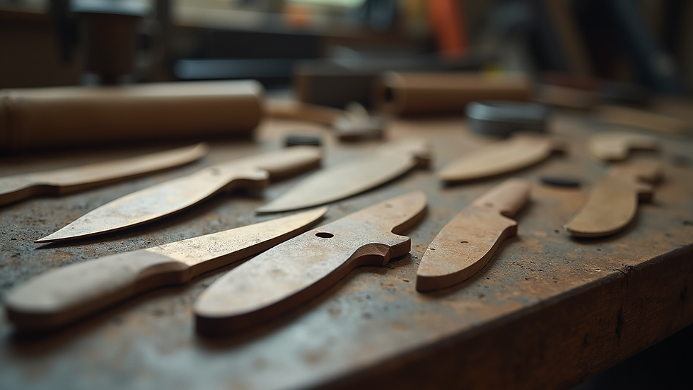 Eye-level view of various knife blanks laid out on a workbench
