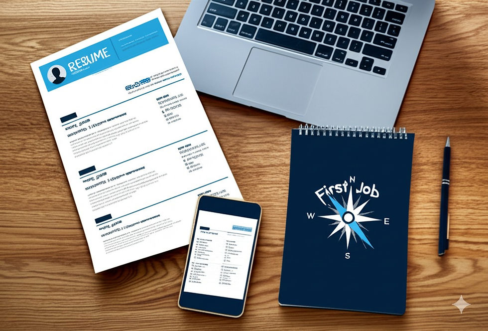 Resume, smartphone, and notepad with "First Job" compass logo on wooden desk next to laptop and pen. Professional and organized setting.