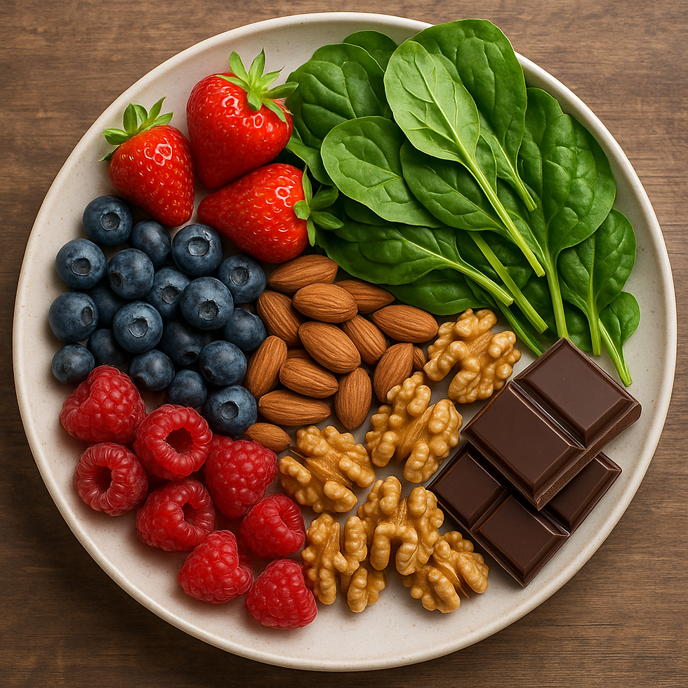 Plate with strawberries, blueberries, raspberries, almonds, walnuts, chocolate, spinach. Wood background, vibrant colors, healthy vibe.