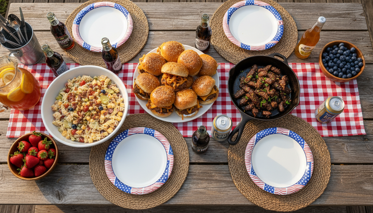 Overhead view of a picnic table filled with sliders, steak bites, pasta salad, and berry bowls.