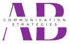 Brand logo. AB in purple, with overlaid text "Communication Strategies" horizontally.