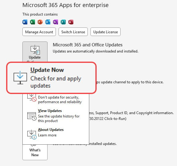 File – Account – Update Options: Update Now