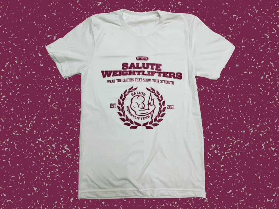 White tee with red Salute Weightlifters logo and gold leaf design