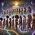 Ethereal women , holding hands in a glowing line beneath a radiant cosmic tree, symbolizing ancestral connection