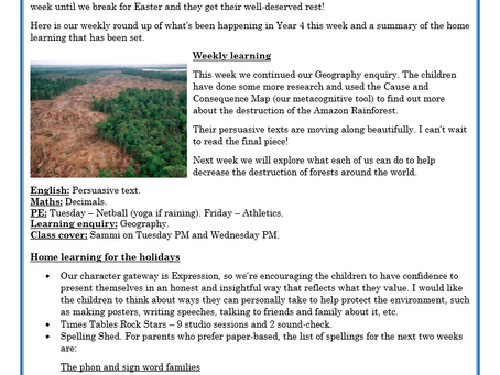 Year 4 Weekly Letter 26/03/2021