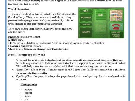 Year 4 Weekly Letter 28/05/2021