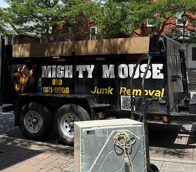Mighty Mouse Junk Removal branded trailer in Chinatown with an old appliance