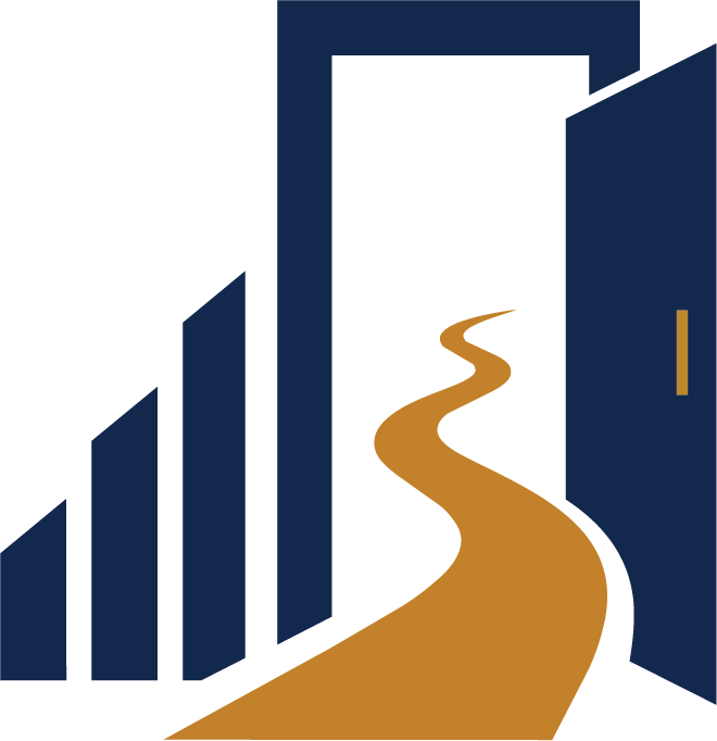Path leading through an open door next to a bar chart.