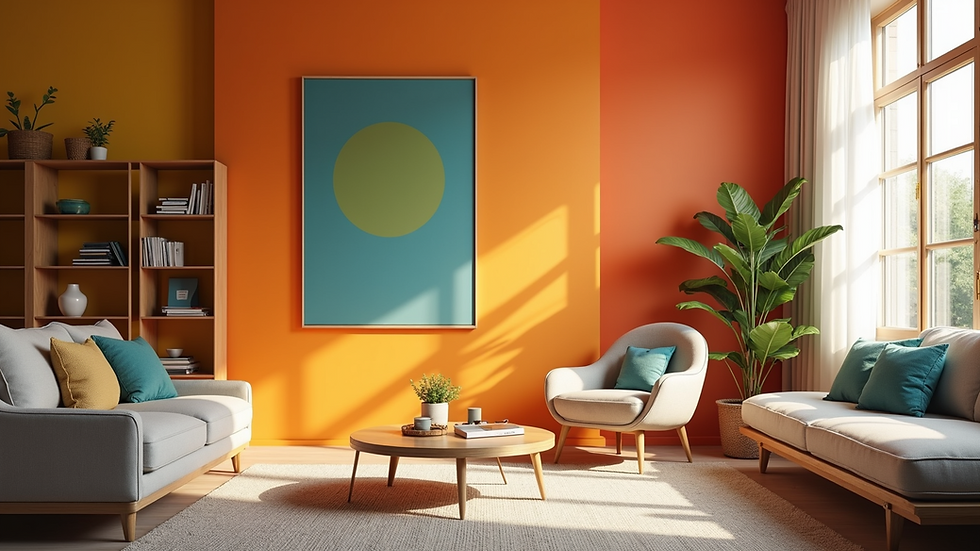 Eye-level view of a vibrant living room with colorful walls and modern decor