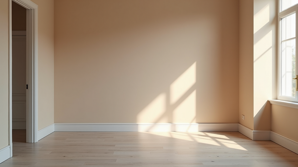 Wide angle view of a softly painted room with muted tones