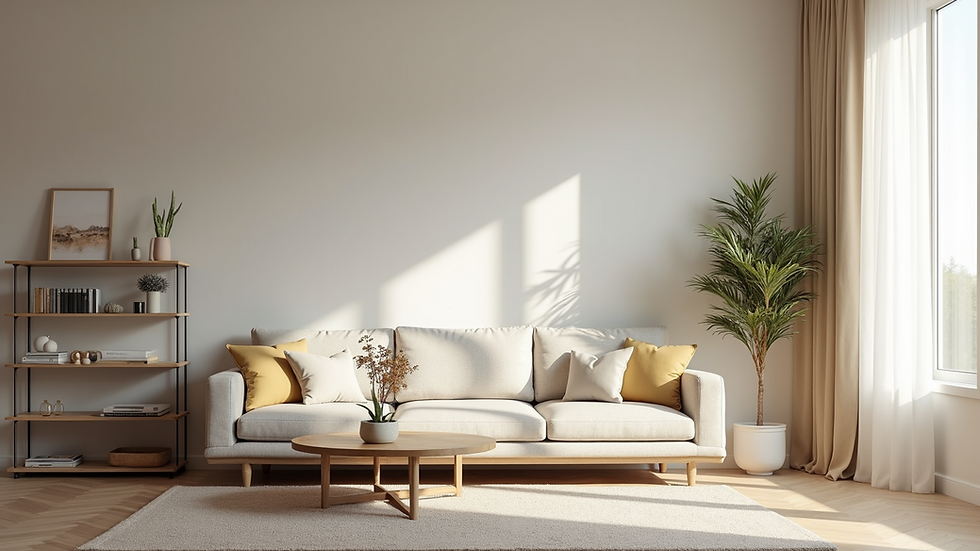 Wide angle view of a minimalist living room with soft colors