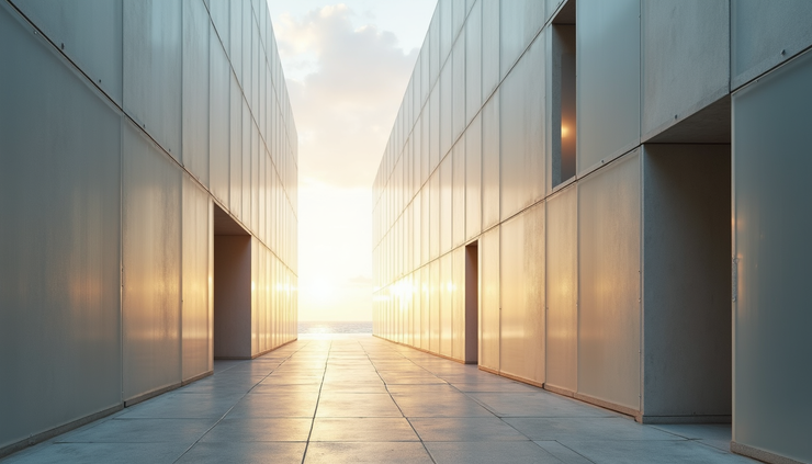 Eye-level view of a modern building facade featuring translucent concrete panels illuminated by natural light