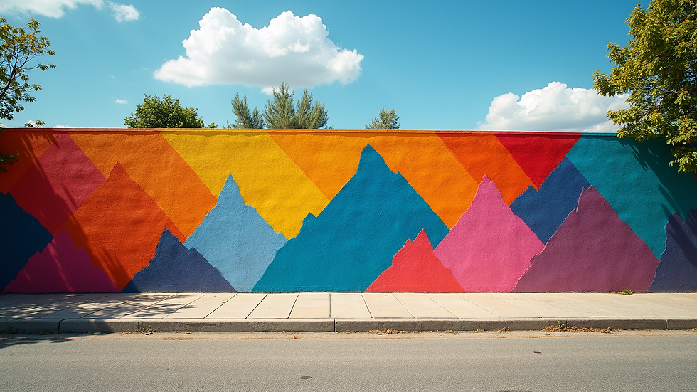 Wide angle view of a vibrant high chroma mural bursting with colors