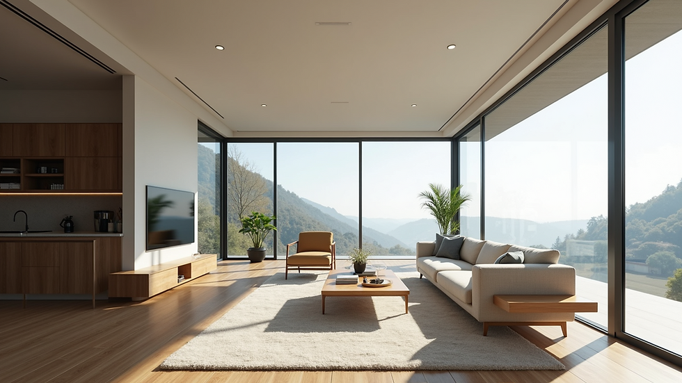 Wide angle view of a modern living space incorporating smart glass for a seamless experience