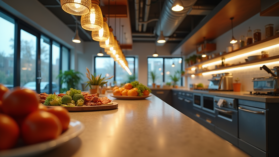 Eye-level view of a vibrant communal kitchen space designed for interaction