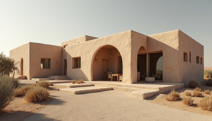High angle view of a sustainable home exterior with limewashed walls and clay plaster accents