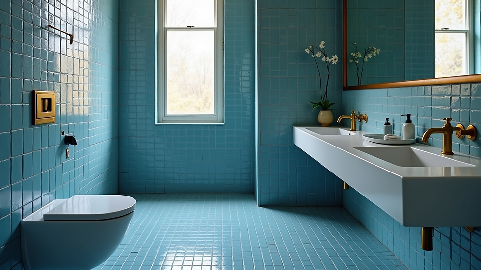 High angle view of a modern bathroom showcasing elegant blue tiles and brass fixtures