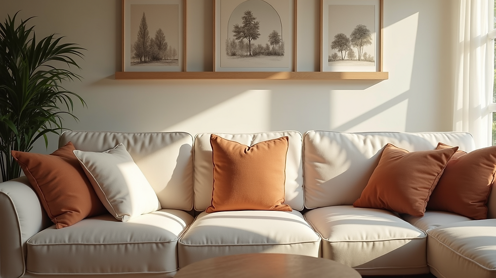 Eye-level view of a cozy living space with mid chroma colored cushions