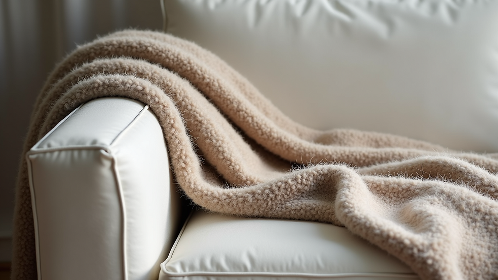 Close-up view of a textured wool throw draped over a minimalist sofa