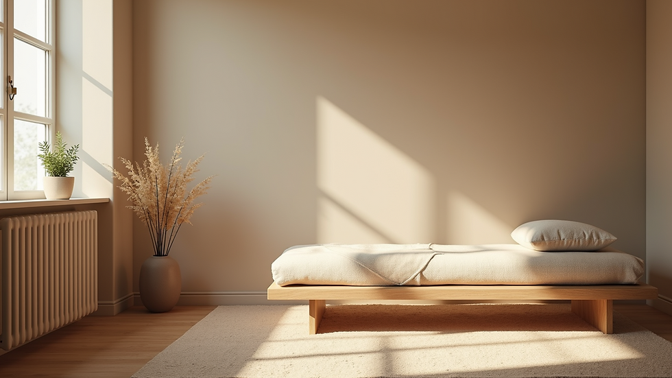Eye-level view of a cozy wellness nook with natural lighting