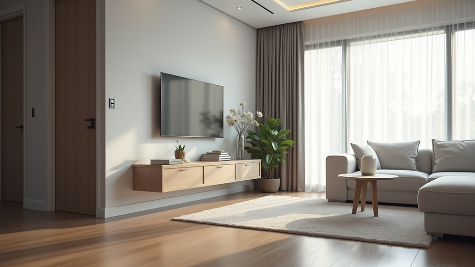 Eye-level view of a sleek modern living room with hidden air conditioning vents