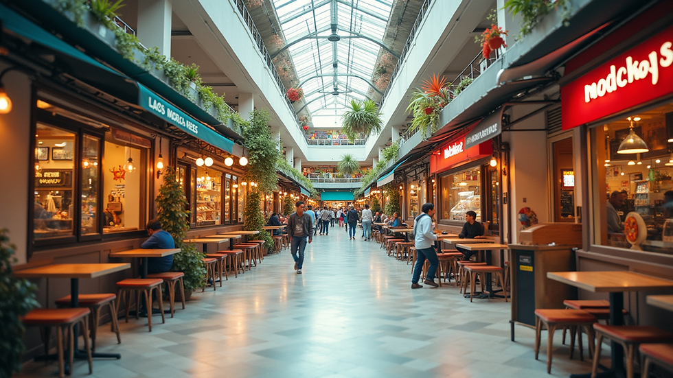 High angle view of a vibrant retail space with a food court