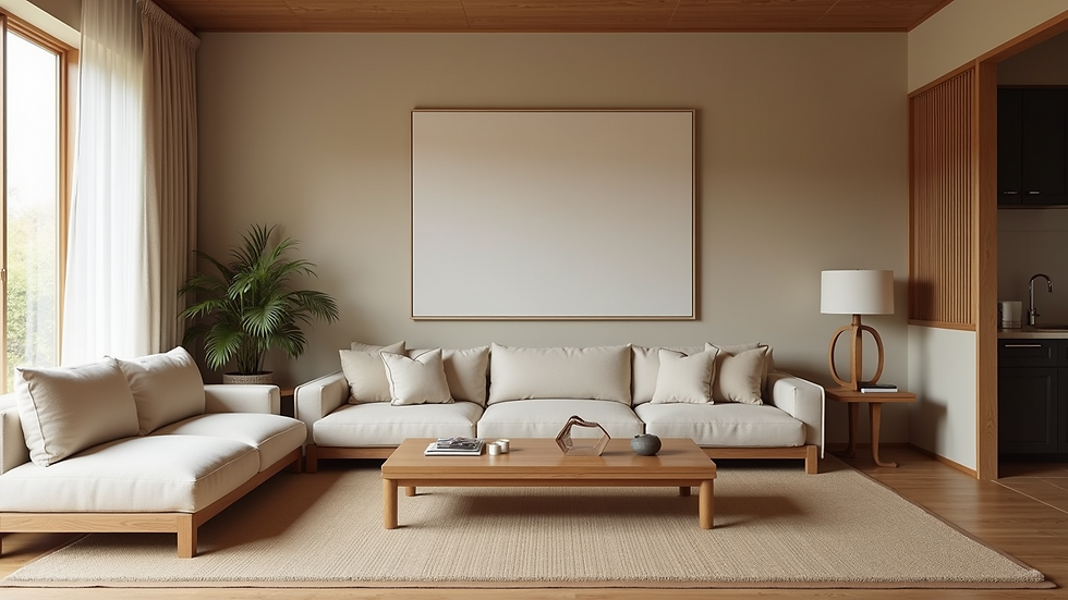 Eye-level view of a serene Japandi-inspired living room