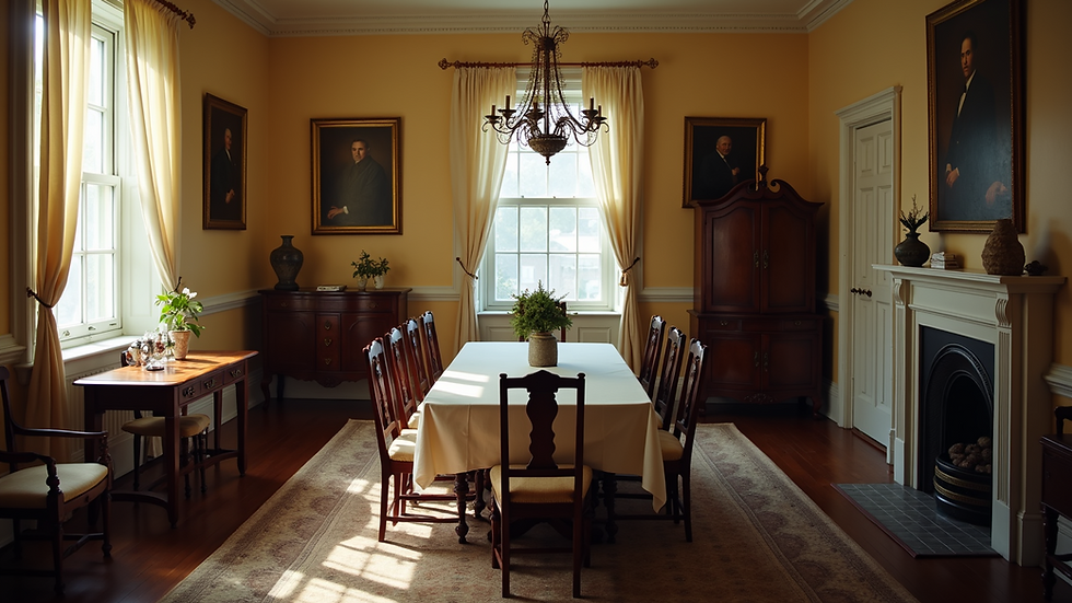 High angle view of a vintage dining room with heirloom furniture