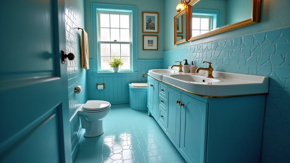 Eye-level view of a stylish blue and brass bathroom setup