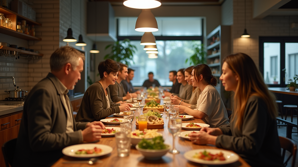 Wide angle view of a cozy communal kitchen filled with people sharing a meal