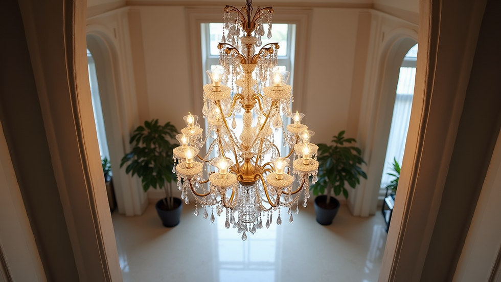 High angle view of a sculptural chandelier in a stylish entryway