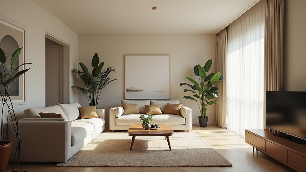 Wide angle view of a well-arranged living room with distinct activity zones