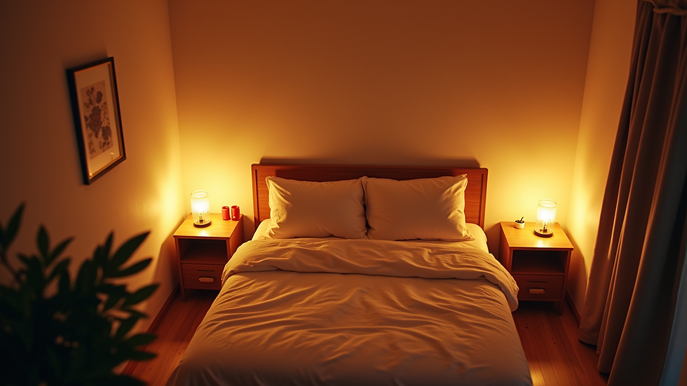 High angle view of a cozy micro bedroom illuminated by warm lights