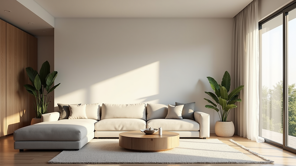 Wide angle view of a serene living room showcasing balance between objects and empty spaces