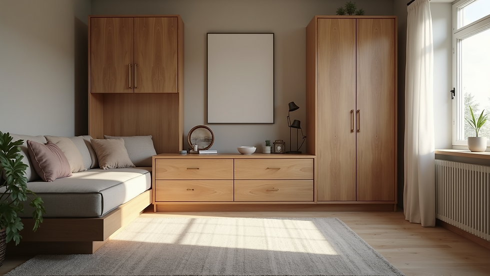 Eye-level view of a stylish multifunctional furniture piece in a micro bedroom