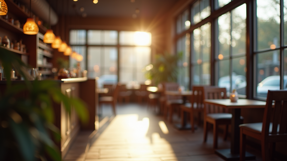 Eye-level view of a cozy café with natural light streaming through large windows
