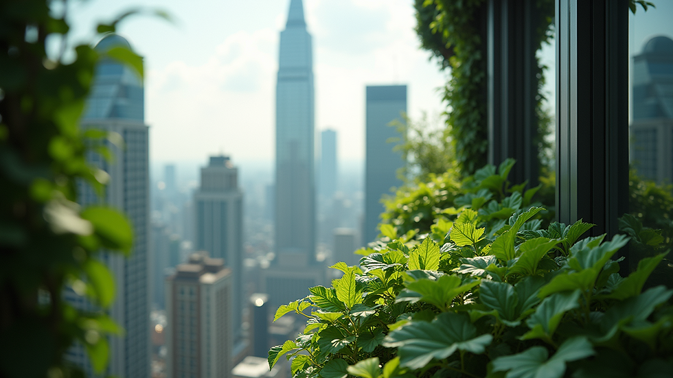 Eye-level view of lush greenery on a skyscraper balcony