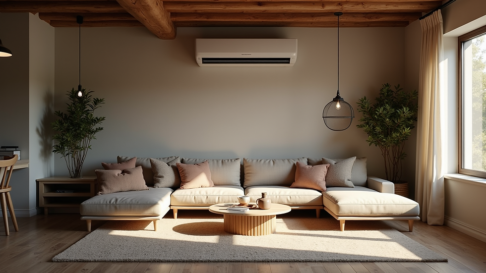High angle view of a rustic living room featuring concealed air conditioning
