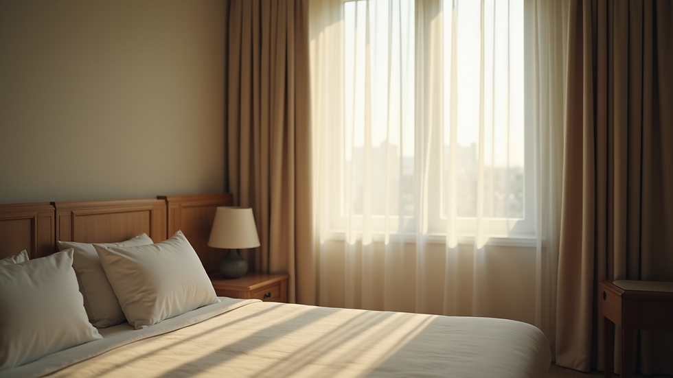 High angle view of a room with filtered light through sheer curtains