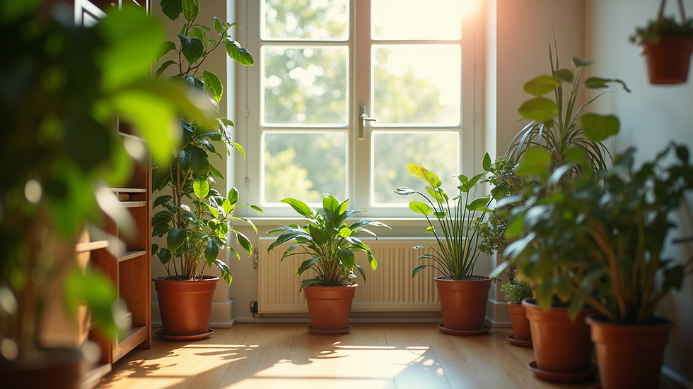 Eye-level view of a sunlit room filled with plants